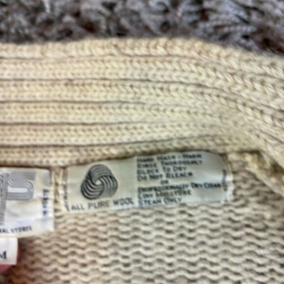 Vintage Cable Knit Cardigan Sweater Mens Womens Medium M Beige Pure Wool 70s 80s - Picture 8 of 16